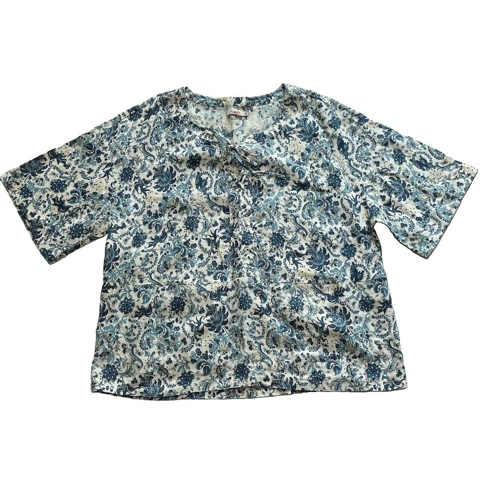 Faherty Linen Blue/Ivory Floral Tie/Lace Up Front Bluse Short Sleeve Boho Top L